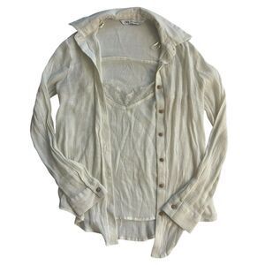 ZARA Semi Sheer Cream Button Down Long Sleeve Blouse Built In Camisole Sz XS